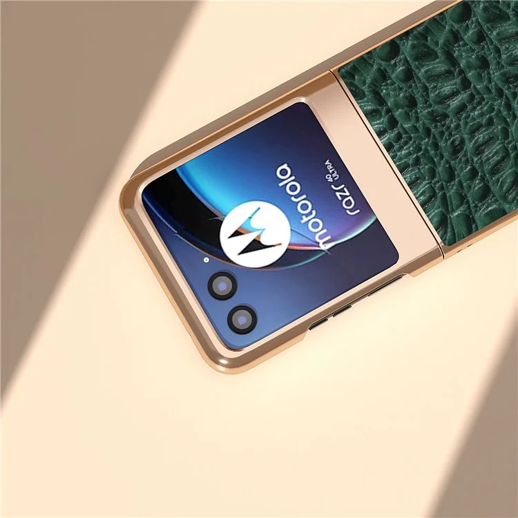 Para Motorola Razr 40 Ultra 5G Genuine Cow Leather Coated PC Case Nano Electroplating Canopy Texture Phone Cover - Verde
