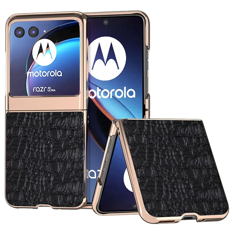 For Motorola Razr 40 Ultra 5G Genuine Cow Leather Coated PC Case Nano Electroplating Canopy Texture Phone Cover - Black
