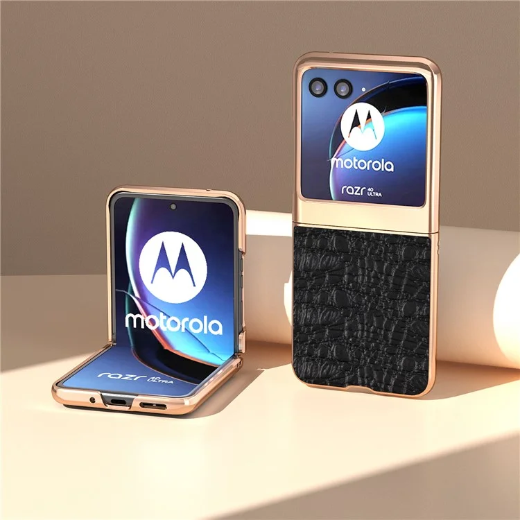 For Motorola Razr 40 Ultra 5G Genuine Cow Leather Coated PC Case Nano Electroplating Canopy Texture Phone Cover - Black