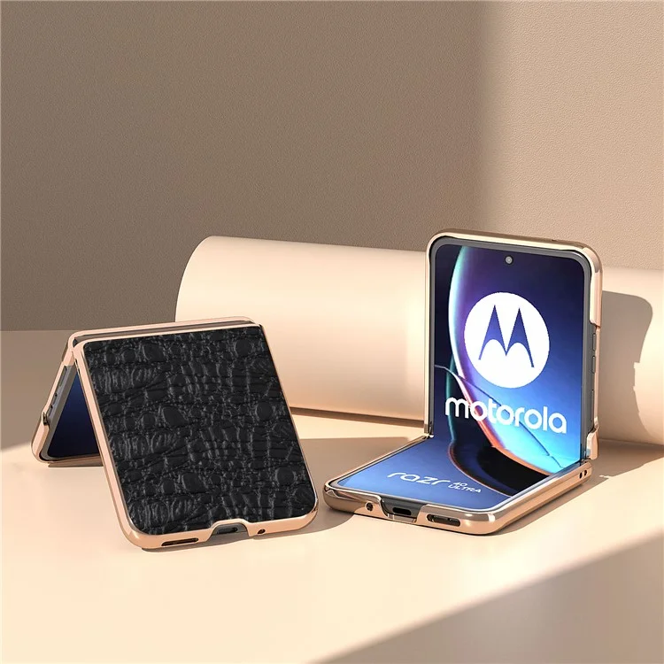 For Motorola Razr 40 Ultra 5G Genuine Cow Leather Coated PC Case Nano Electroplating Canopy Texture Phone Cover - Black