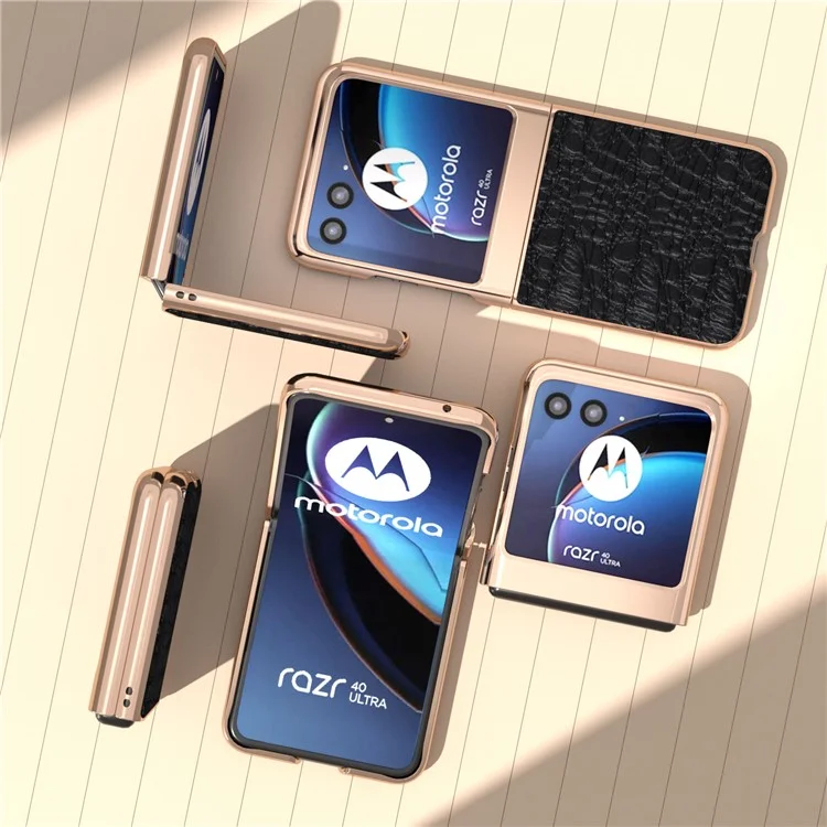 For Motorola Razr 40 Ultra 5G Genuine Cow Leather Coated PC Case Nano Electroplating Canopy Texture Phone Cover - Black