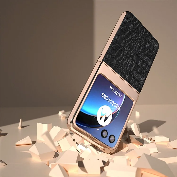 For Motorola Razr 40 Ultra 5G Genuine Cow Leather Coated PC Case Nano Electroplating Canopy Texture Phone Cover - Black