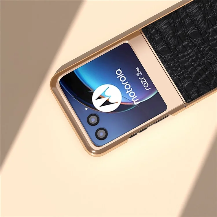 For Motorola Razr 40 Ultra 5G Genuine Cow Leather Coated PC Case Nano Electroplating Canopy Texture Phone Cover - Black