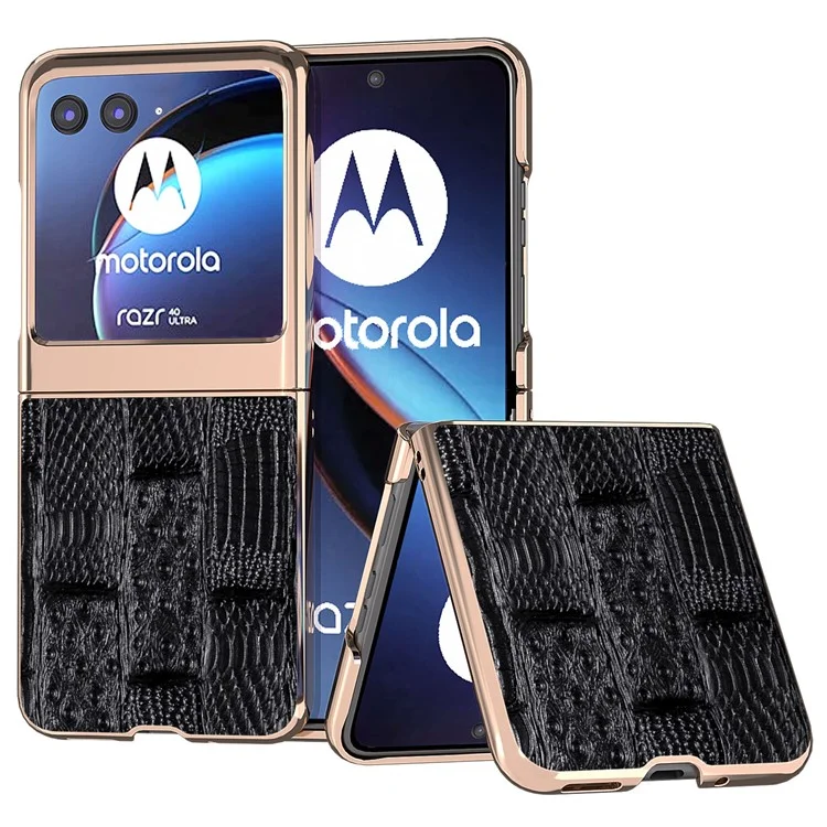 Für Motorola Razr 40 Ultra 5G Mahjong Texture Genuine Cow Leather+PC Phone Case Nano Electroplating Phone Cover - Schwarz
