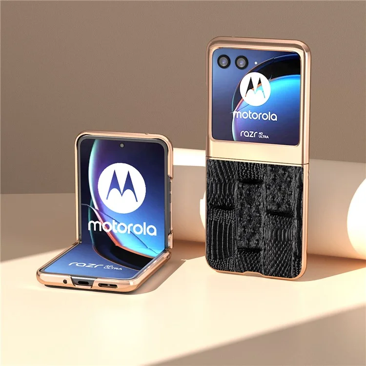 Für Motorola Razr 40 Ultra 5G Mahjong Texture Genuine Cow Leather+PC Phone Case Nano Electroplating Phone Cover - Schwarz