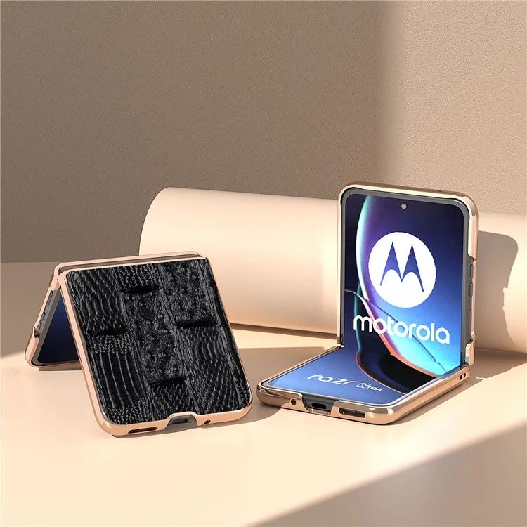 Für Motorola Razr 40 Ultra 5G Mahjong Texture Genuine Cow Leather+PC Phone Case Nano Electroplating Phone Cover - Schwarz