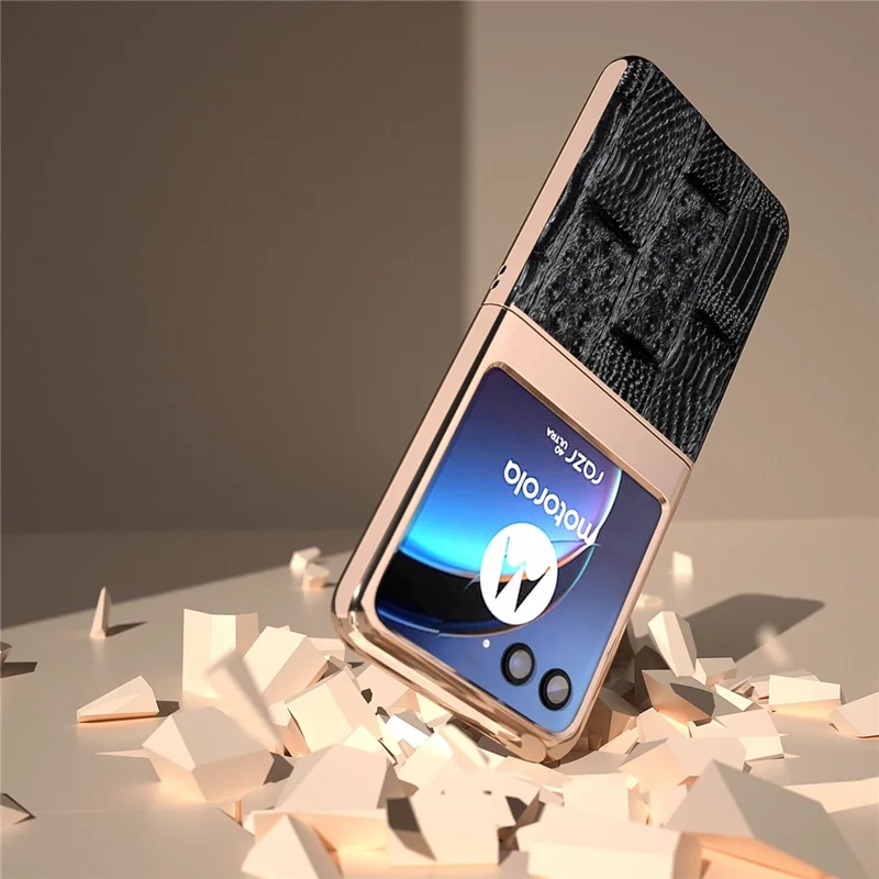 Für Motorola Razr 40 Ultra 5G Mahjong Texture Genuine Cow Leather+PC Phone Case Nano Electroplating Phone Cover - Schwarz