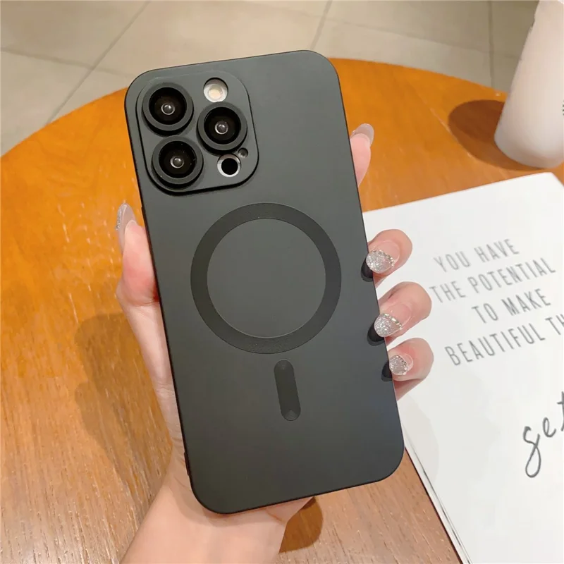 For iPhone 14 Pro Max TPU Rubberized Case Compatible with MagSafe Magnetic Phone Cover with Lens Film - Black