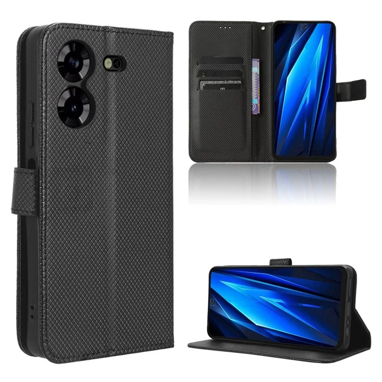 For TECNO Pova 5 4G / LH7N Mobile Phone Case Wallet Diamond Texture PU Leather Stand Anti-Scratch Cover - Black