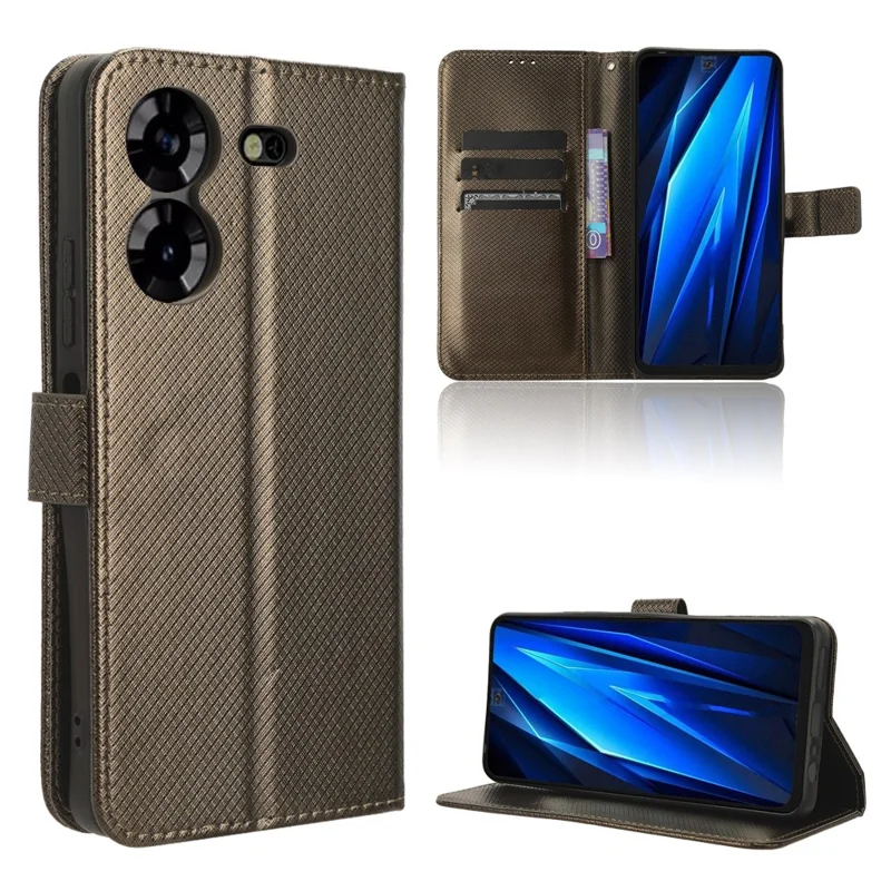 For TECNO Pova 5 4G / LH7N Mobile Phone Case Wallet Diamond Texture PU Leather Stand Anti-Scratch Cover - Brown