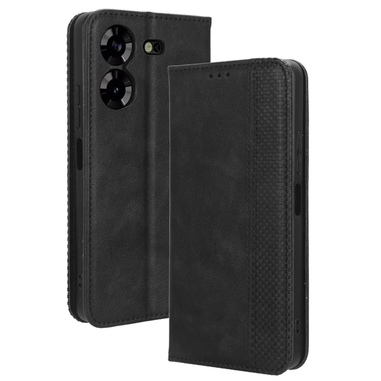 Magnetic Phone Case for TECNO Pova 5 4G / LH7N Phone Cover Stand Wallet Retro PU Leather Shell - Black