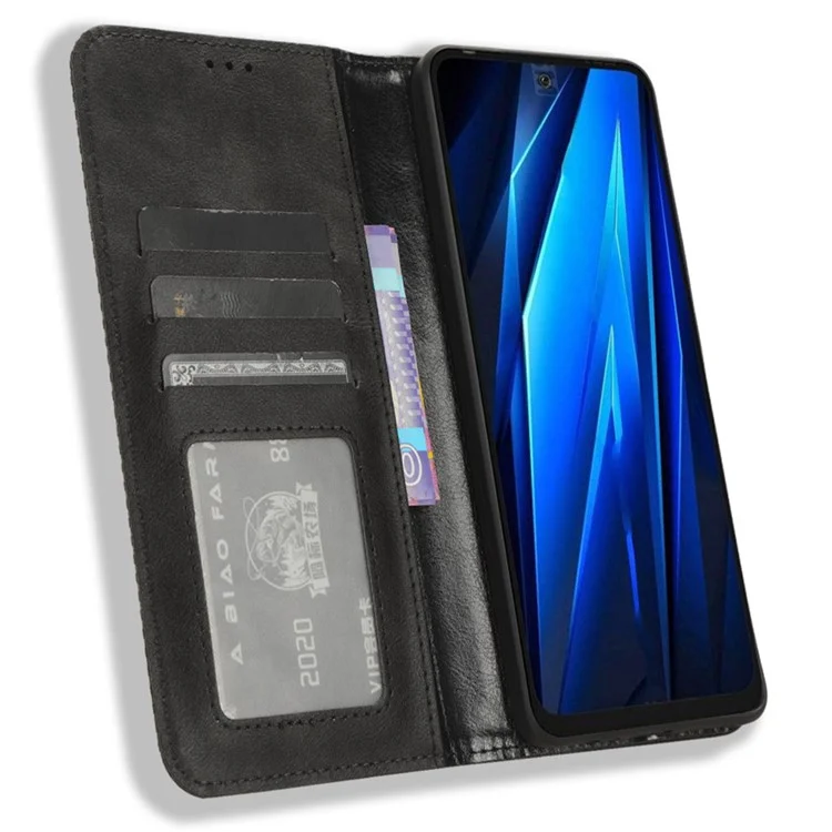 Magnetic Phone Case for TECNO Pova 5 4G / LH7N Phone Cover Stand Wallet Retro PU Leather Shell - Black