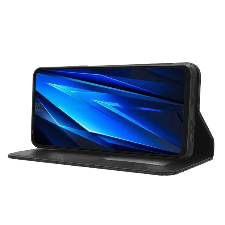 Magnetic Phone Case for TECNO Pova 5 4G / LH7N Phone Cover Stand Wallet Retro PU Leather Shell - Black