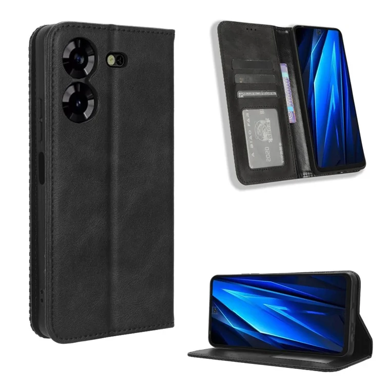 Magnetic Phone Case for TECNO Pova 5 4G / LH7N Phone Cover Stand Wallet Retro PU Leather Shell - Black