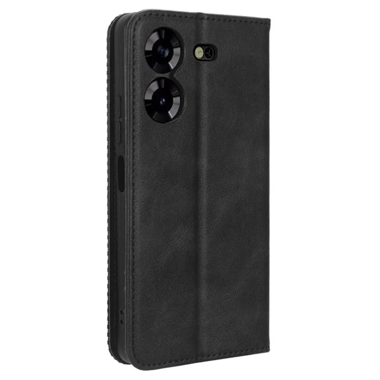 Magnetic Phone Case for TECNO Pova 5 4G / LH7N Phone Cover Stand Wallet Retro PU Leather Shell - Black