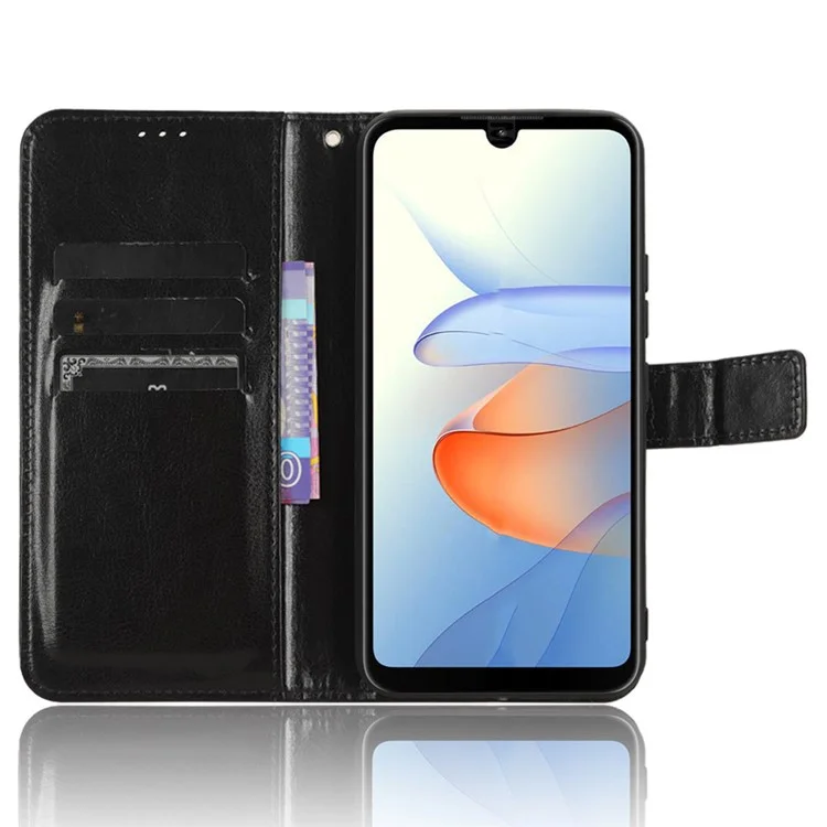 Para ZTE Blade L220 Smartphone Cover Anti-Scratch Phone Stand Case Crazy Horse Texture Leather Wallet Shell - Preto