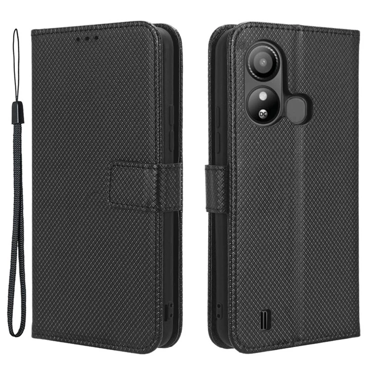 Para ZTE Blade L220 Diamond Texture PU Leather Stand Case Anti-Scratch Wallet Dustproof Cell Phone Cover - Negro