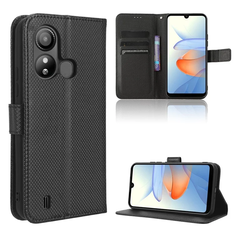 Para ZTE Blade L220 Diamond Texture PU Leather Stand Case Anti-Scratch Wallet Dustproof Cell Phone Cover - Negro