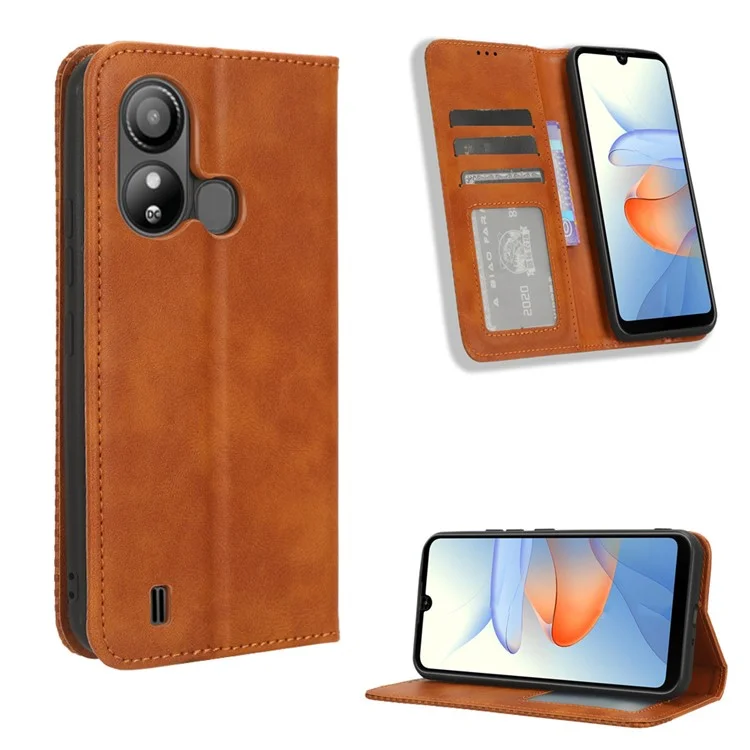 Retro Phone Case für ZTE Blade L220, PU-Leder-Cover, Ständer, magnetischer Verschluss, Retro-Geldbörsen-Schale - Braun