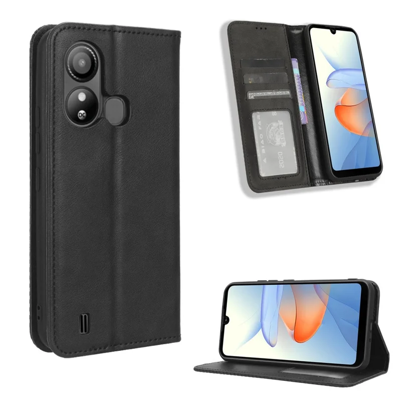 Retro Phone Case for ZTE Blade L220 , PU Leather Cover Stand Magnetic Closing Retro Wallet Shell - Black