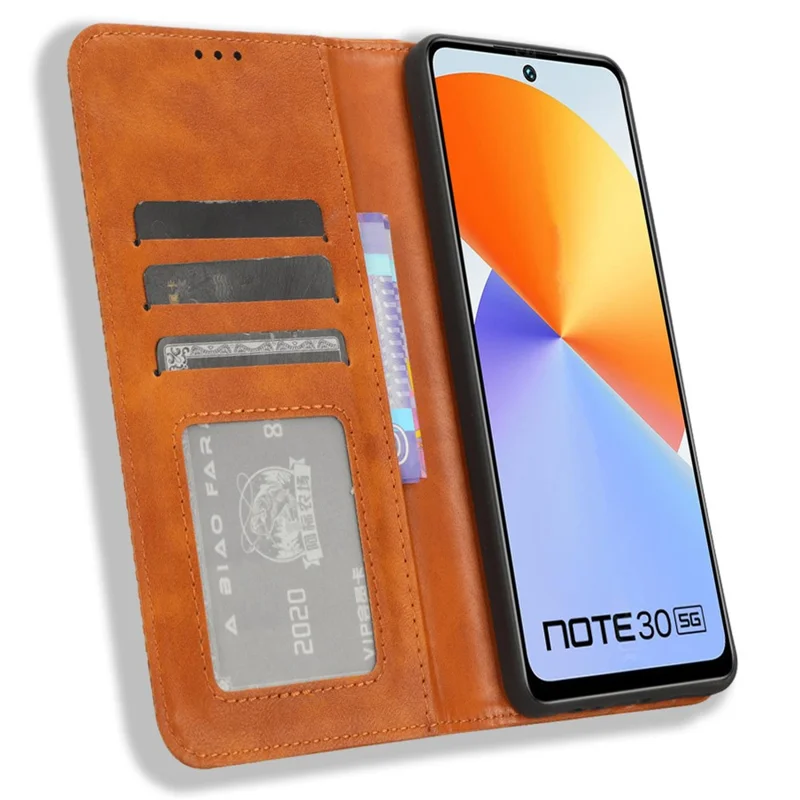 Folia magnetyczna na telefon Infinix Note 30 4G / X6833B / X6716B, retro etui z sztucznej skóry PU z podstawką i portfelem - brązowe