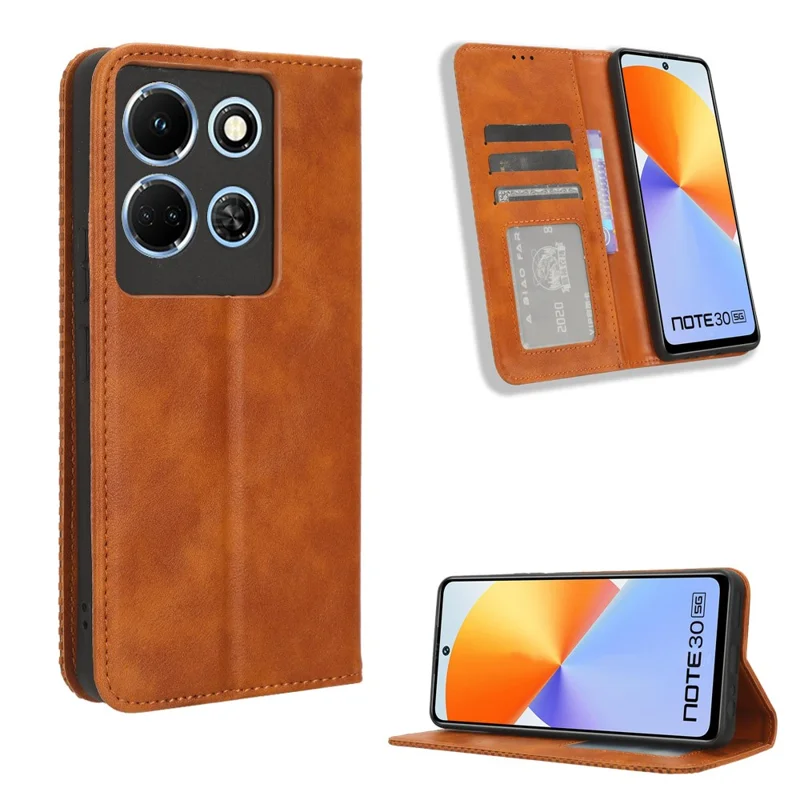 Folia magnetyczna na telefon Infinix Note 30 4G / X6833B / X6716B, retro etui z sztucznej skóry PU z podstawką i portfelem - brązowe