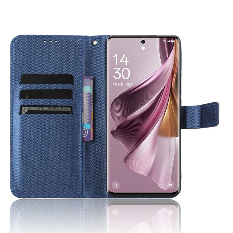Für Oppo Reno10 5G CPH2531 (Global) / Reno10 Pro 5G CPH2525 (Global) Leder-Wallet-Handyhülle mit Diamanttextur und Ständer - Blau