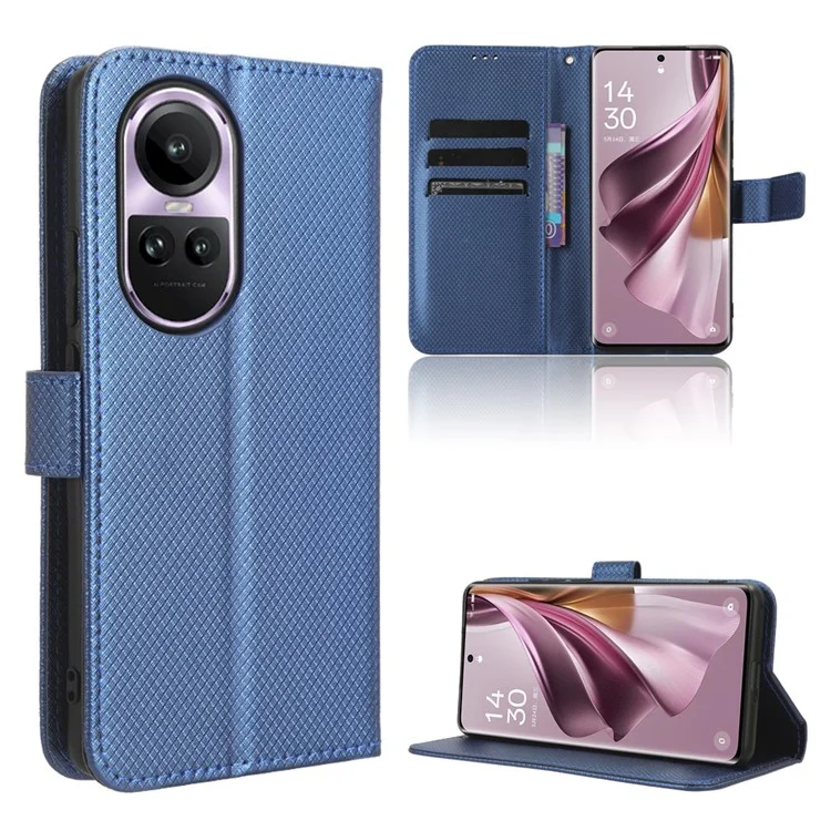 Für Oppo Reno10 5G CPH2531 (Global) / Reno10 Pro 5G CPH2525 (Global) Leder-Wallet-Handyhülle mit Diamanttextur und Ständer - Blau