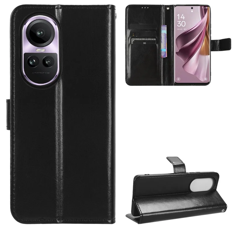 Pour Oppo Reno10 5G CPH2531 (Global) / Reno10 Pro 5G CPH2525 (Global) Étui de téléphone à support Texture en cuir Crazy Horse Wallet Cover - Noir