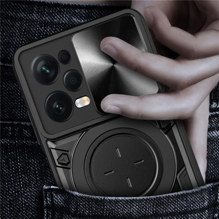 Custodia protettiva per Xiaomi Redmi Note 12 Pro 5G / Note 12 Pro Speed 5G / Poco X5 Pro 5G, copertura per fotocamera scorrevole in PC+TPU con supporto - Nero