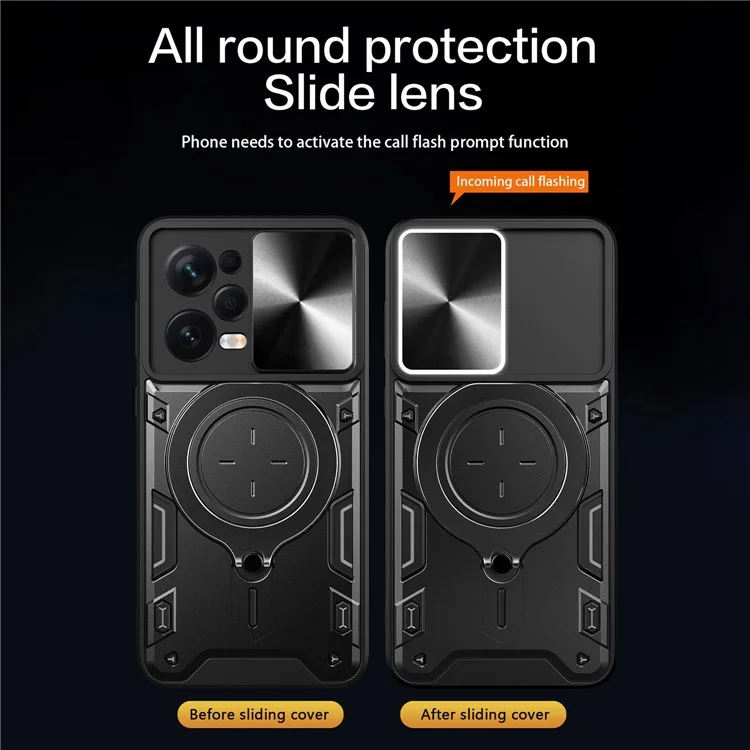 Custodia protettiva per Xiaomi Redmi Note 12 Pro 5G / Note 12 Pro Speed 5G / Poco X5 Pro 5G, copertura per fotocamera scorrevole in PC+TPU con supporto - Nero