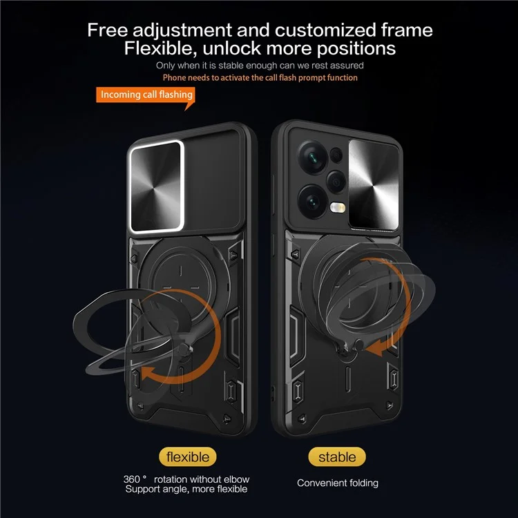 Custodia protettiva per Xiaomi Redmi Note 12 Pro 5G / Note 12 Pro Speed 5G / Poco X5 Pro 5G, copertura per fotocamera scorrevole in PC+TPU con supporto - Nero