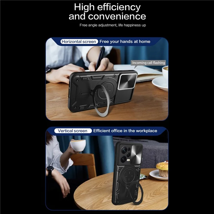 Custodia protettiva per Xiaomi Redmi Note 12 Pro 5G / Note 12 Pro Speed 5G / Poco X5 Pro 5G, copertura per fotocamera scorrevole in PC+TPU con supporto - Nero