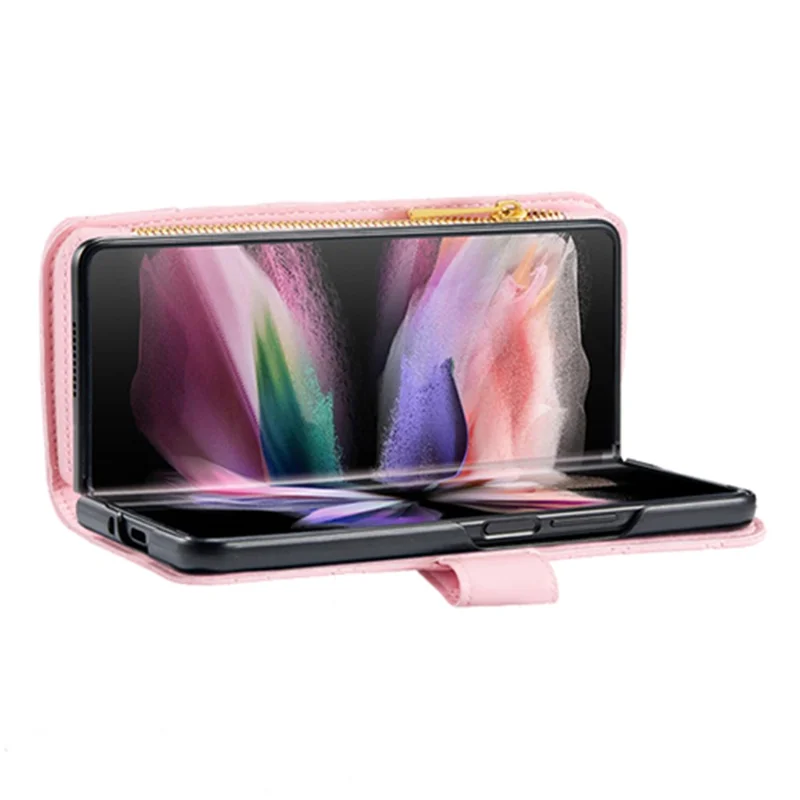 BINFEN COLOR For Samsung Galaxy Z Fold5 5G Zipper Pocket Wallet Leather Case Stand Phone Cover - Pink
