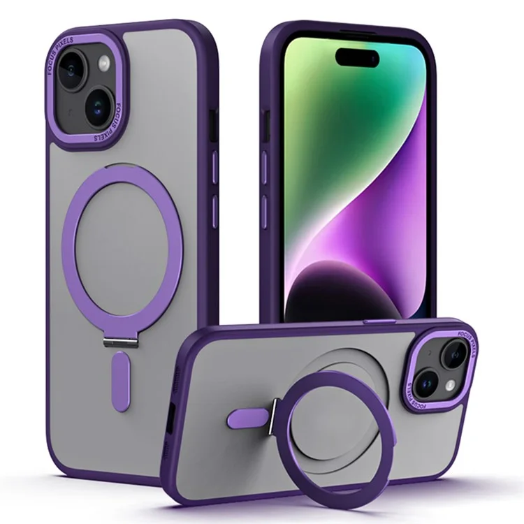 Magnetic Phone Case for iPhone 15 , Ring Kickstand TPU+Acrylic Matte Anti-Fingerprint Cover - Purple
