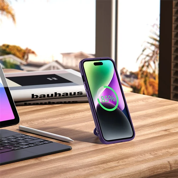 Magnetic Phone Case for iPhone 15 , Ring Kickstand TPU+Acrylic Matte Anti-Fingerprint Cover - Purple
