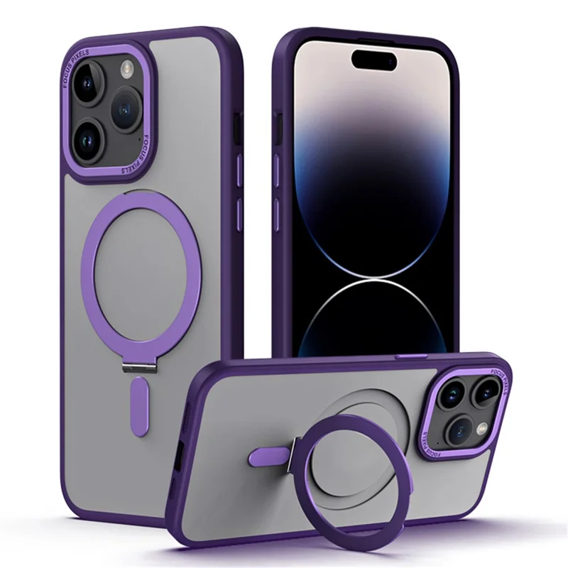 Custodia magnetica per iPhone 15 Pro, cover per telefono con anello di supporto in TPU opaco e acrilico - Viola