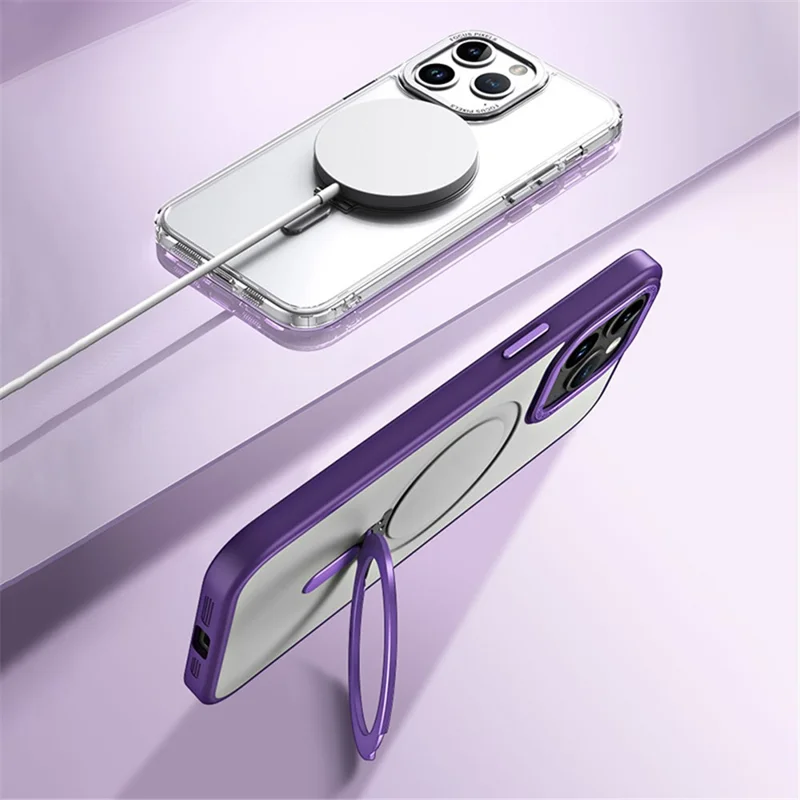 Custodia magnetica per iPhone 15 Pro, cover per telefono con anello di supporto in TPU opaco e acrilico - Viola