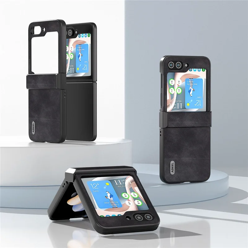ABEEL Scharnierontwerp Telefoonhoesje voor Samsung Galaxy Z Flip5 5G, Koeienhuidstructuur PU Leer + PC Cover - Zwart