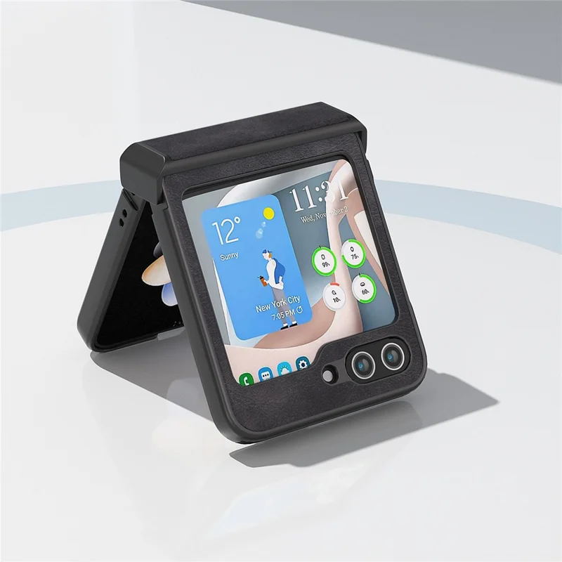 ABEEL Scharnierontwerp Telefoonhoesje voor Samsung Galaxy Z Flip5 5G, Koeienhuidstructuur PU Leer + PC Cover - Zwart