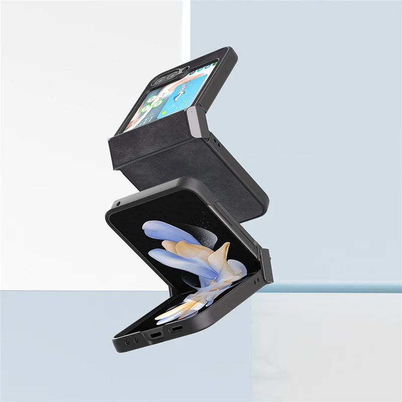 ABEEL Scharnierontwerp Telefoonhoesje voor Samsung Galaxy Z Flip5 5G, Koeienhuidstructuur PU Leer + PC Cover - Zwart