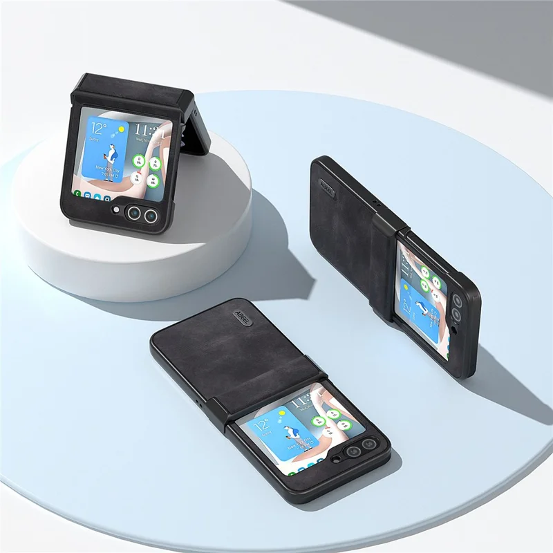 ABEEL Scharnierontwerp Telefoonhoesje voor Samsung Galaxy Z Flip5 5G, Koeienhuidstructuur PU Leer + PC Cover - Zwart