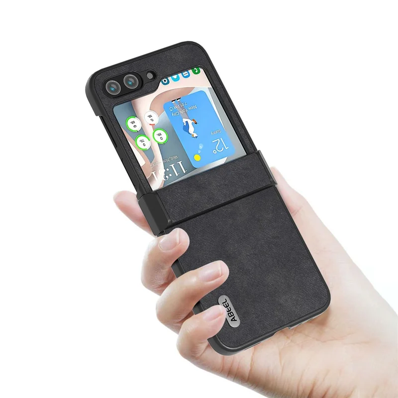 ABEEL Textured Phone Case for Samsung Galaxy Z Flip5 5G , PU Leather Coated PC Cover with Hinge Protection - Black