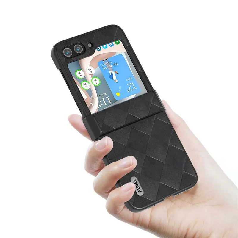 ABEEL For Samsung Galaxy Z Flip5 5G Leather Coated PC Phone Case Grid Texture Hinge Design Phone Cover - Black