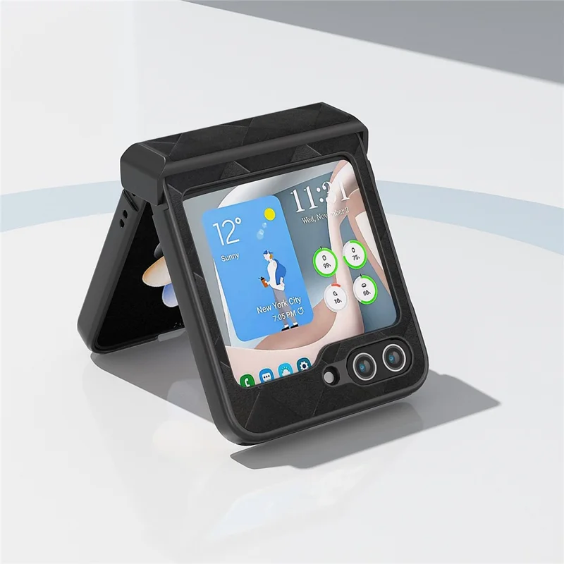 ABEEL For Samsung Galaxy Z Flip5 5G Leather Coated PC Phone Case Grid Texture Hinge Design Phone Cover - Black