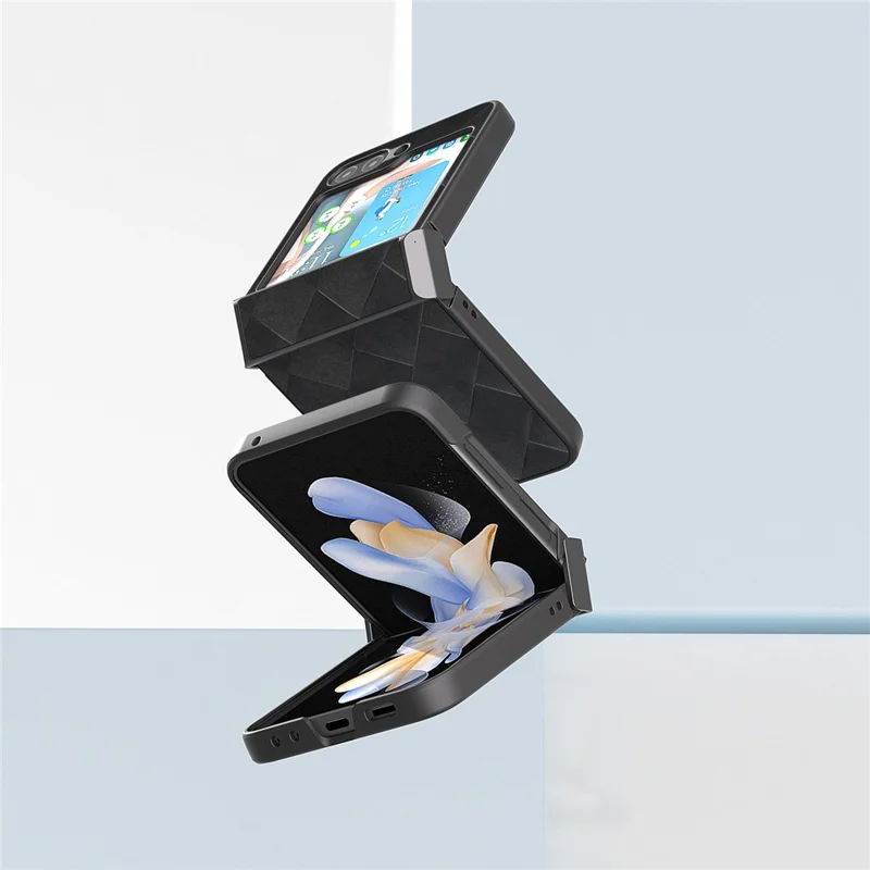 ABEEL For Samsung Galaxy Z Flip5 5G Leather Coated PC Phone Case Grid Texture Hinge Design Phone Cover - Black