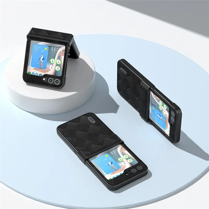 ABEEL For Samsung Galaxy Z Flip5 5G Leather Coated PC Phone Case Grid Texture Hinge Design Phone Cover - Black