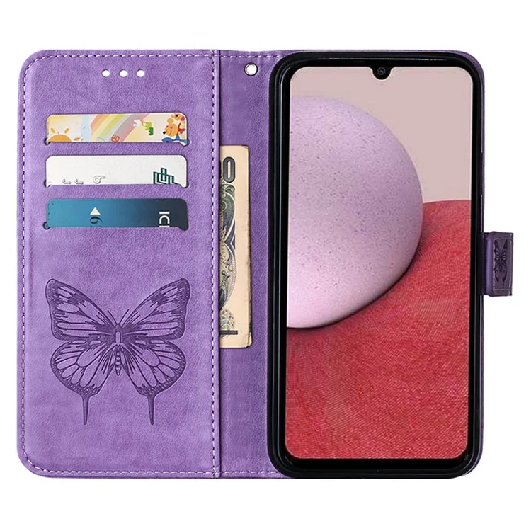 Para Samsung Galaxy A24 4G (162.1 x 77.6 x 8.3mm) Cartera Soporte Caso Cuero Mariposa Estampada Cubierta del Teléfono con Correa - Púrpura