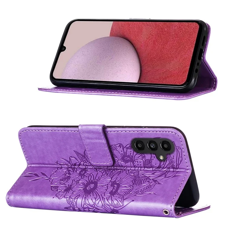 Para Samsung Galaxy A24 4G (162.1 x 77.6 x 8.3mm) Cartera Soporte Caso Cuero Mariposa Estampada Cubierta del Teléfono con Correa - Púrpura