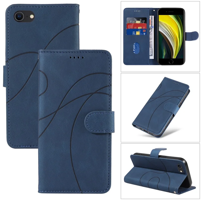 Leather Case for iPhone 6 / 6s / 7 / 8 / SE (2020) / SE (2022) , Imprinted Line Wallet Stand Phone Cover - Blue